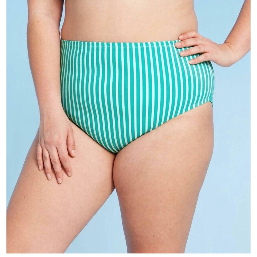 Kona Sol Striped High Coverage Hipster Bikini Bottom Green Women's 16W-18W